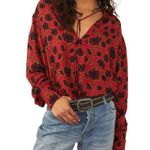 Free People Women's size XS Mia Tunic Red Floral V-neck Blouse Boho Pirate Top Photo 0