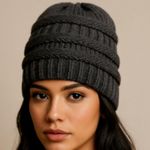 NEW Gray Chunky Knit Messy Bun Beanie | Winter Ponytail Hat | Ribbed Stretch Photo 0