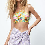 ZARA Floral Satin Ruched Front Smocked Back Adjustable Halter Crop Top Size XL Photo 0