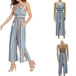 Venus  Striped Boho Side Slit Sleeveless Halter Jumpsuit Womens Large Photo 1