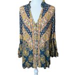 Free People  Blue Gold Magic Mystery Tunic Small Oversized Bell Sleeve Bohemian Photo 6
