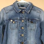 Eddie Bauer Women’s Distressed Medium Wash Blue Denim Jean Button-Up Jacket Photo 1