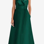 Alfred Sung Draped One-Shoulder Satin Maxi Dress With Pockets Size 6 Photo 0