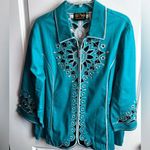Bob Mackie  Wearable Art Cutout Embroidered Turquoise Zipper Cotton Jacket Photo 0