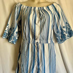 Style House Blue and White Striped Off-Shoulder Jumpsuit Romper with Pockets Photo 0