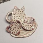 Hand Made Hand Crafted Ceramic Brooch Pin Pink Tea Set Hand Painted Photo 7