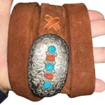 Thomas Carved Sterling Silver Turquoise Coral Navajo Tobacco Suede Belt Blue Photo 1