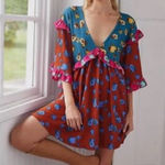 Anthropologie Mini Dress Size XL Ruffled Bell Sleeve Plunging V-Neck Floral Photo 0