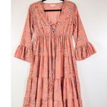 Anthropologie Revolve Boemo Dress Coral Pink Maxi Floral Tier Flared Boho Small Photo 3