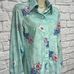 Vintage Nikki Button Down Blouse Teal Floral 70s Size M Long Sleeve Disco Blue Size M Photo 3