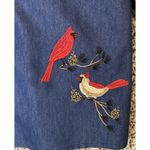 Blair  Large Blue Denim Embroidered‎ Button Top Cardinals Birds Pockets Roll Tab Photo 2