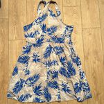 BCBGMAXAZRIA π Womens XL Linen Blend Criss Cross Halter Dress Blue Tan Tropical Photo 0