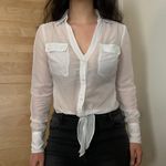 Candie's White tie front bow collared button down lace back shirt Photo 2