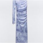 ZARA  One Sleeve Asymmetrical Tulle Mesh Lined Midi Dress Blue Photo 3