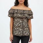 Womens Hibluco Leopard Print Off Shoulder Ruffle Top Shirt Size L Brown Photo 6