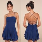 Lulus LULU’S Perfected Sweetness Dark Blue Pleated Tiered Lace Up Mini Dress Photo 1