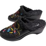 Vtg Y2K Art Effects Black Leather Floral Embroidered Faux Shearling Lined Clog 9 Photo 7