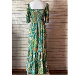Betsey Johnson Smocked Maxi Dress in Green Tropical Leaf Print Size X-Small Photo 15
