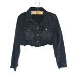 Allegra K Fringe Cropped Distressed Y2K Denim Jacket Medium Western Raw Hem Grunge Retro Photo 1