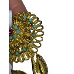 Vintage Gold Tone Flower Brooch Turquoise & Pink Rhinestone Floral Pin Photo 4