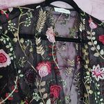 GLANCE BLACK MESH ALLOVER BOLD BOHO COLORFUL FLORAL LEAF EMBROIDERED SHEER TOP M Pink Size M Photo 2