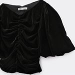 ZARA  NWT black velvet velour ruched gathered puff sleeve short sleeve top Photo 5