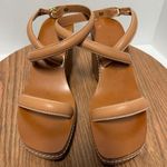 Ralph Lauren Purple Tan Leather Contrast Stitch Ankle Wrap Platform Wedge Sandal Photo 1