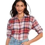 Old Navy  Size Small Pink Multicolor Cropped Plaid Flannel Boyfriend Shirt Photo 1