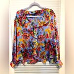 ZARA Blue Floral Print Ruffle Front Long Sleeve V-Neck Blouse Size Large Photo 1