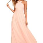 Lulus Lulu’s Evening Gown Halter Neck Maxi Sleeveless Chiffon Peach Pink Women’s Large Photo 12
