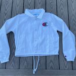 Champion  Size Small Cropped Coaches Jacket Windbreakereaker White with Logo Photo 3