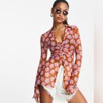 Free People  Lucky Shirtee Floral Button Up Shirt in Coffee Sheer Mesh 70s Medium Photo 3