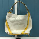 Calvin Klein  Sadia oatmeal Canvas yellow trim Hobo Shoulder Bag Women's 14”x11”‎ Photo 6