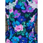 party dress floral drop waist puff sleeve swing skirt pink teal blue 1980s Size 12 Photo 2