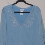 Soft Surroundings  Womens Tunic Dress Ice Blue Floral V Neck Metallic Eyelets L Photo 2