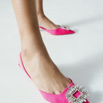 ZARA  Rhinestone Brooch Satin Slingback Kitten Heels in Fuchsia Size 39 US 8 Photo 0