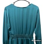 ZARA NWT  Teal Long Sleeve Satin Mini Dress Elastic Waist Ruffled Hem V-Neck M Photo 9