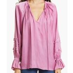 Ramy Brook  Maty Blouse Women's Small Pink Satin Tie Neck Long Sleeve Pleats Photo 0