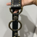 VTG Black‎ Leather Belt Gold Brass Rings Snap Closure Western Hobo Boho 42" M/L Black Photo 0
