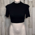 Black Ribbed Mock Neck Crop Top | Short Sleeve Fitted Stretch Shirt – Size Small Photo 0