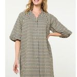 THML  Puff Sleeve Stripe Dress Size M Black Yellow Dot Mini Shirt Button Pockets Photo 0