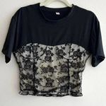 Black Lace Sweetheart Ruched Top, Women’s Floral Lace Overlay Blouse, Size Small Photo 1