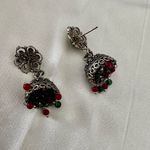 Silver tone green and red beaded Jhumkas Indian earrings Photo 8