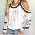 Free People  give him the cold shoulder gold beaded ivory long sleeve top XS 2127 Photo 0
