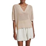 Varley  Callie Knit Boxy Split V-Neck Short Sleeve Top Open Knit Moonlight Tan M Photo 4