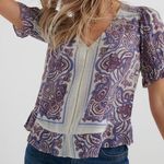 Lucky Brand  Maya Blue & Maroon Paisley Ruffle Blouse Size Small Photo 0