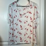 Lucky Brand  Flutter Sleeve Scoop Neck White Pink Floral Shirt Blouse Size XXL Photo 3
