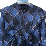 Maison Cinqcent Womens Fringe Plaid Button Down Shirt Blue Black Size Small Photo 1