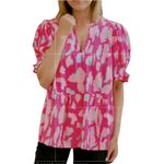 Source Unknown Women's Babydoll Top Plus Pink Lepoard Print Blouse V Neck Size 3x Loose Preppy Photo 1