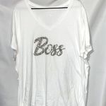 Lane Bryant SIZE 26/28 WHITE SHORT SLEEVE VNECK TSHIRT W/3D SILVER Glitter BOSS Photo 0